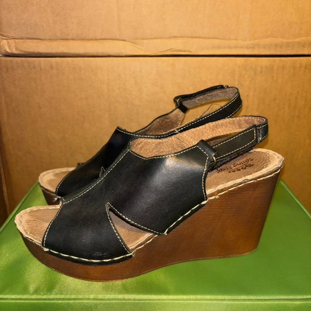 Spring Step Black Leather Peep-Toe Wedge Sandals | EU 40 (US 9–9.5)